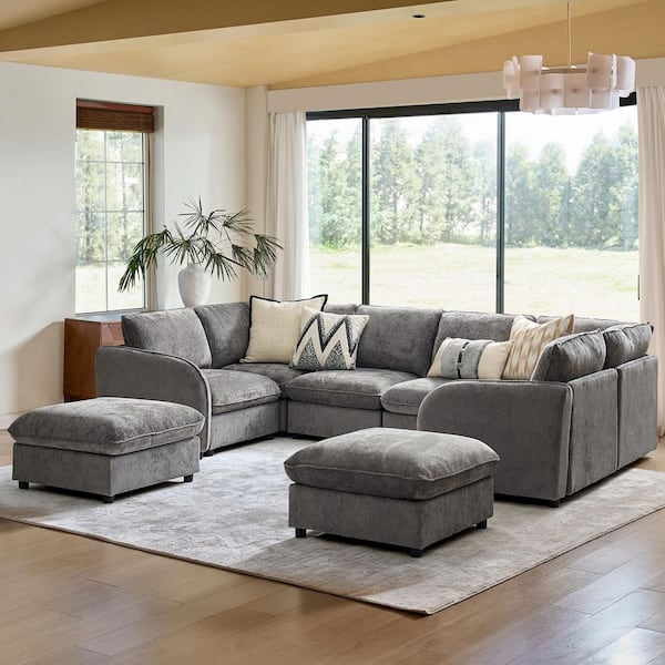 Felix 128.5 in. 5-piece Polyester Sectional Sofa in Grey
