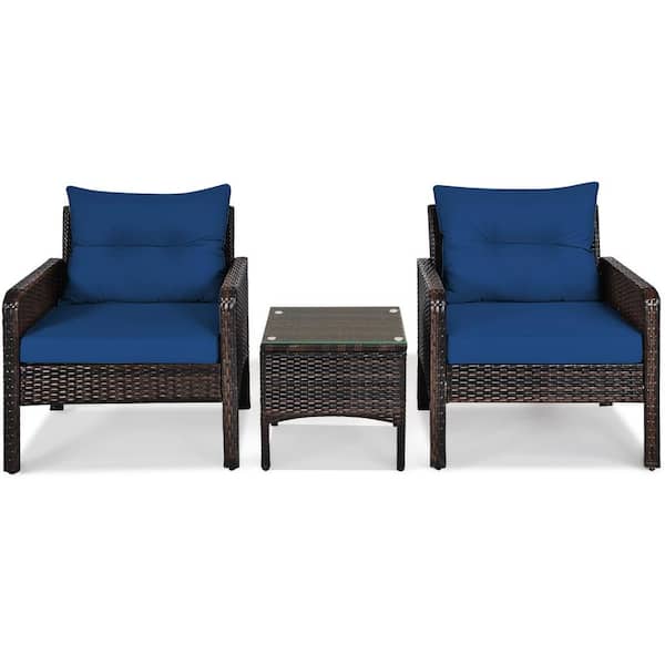 WELLFOR 3-Pieces Wicker Patio Conversation Set with Navy Cushions