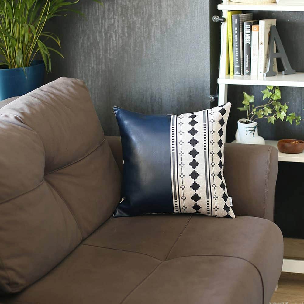 Navy Blue and Ivory Geometric Faux Leather Throw Pillow Cover 17" x 17"