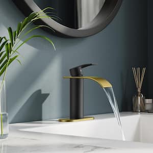 Waterfall Single Hole Single Handle Bathroom Vanity Faucet with Deck plate and Pop-Up Drain Included in Black Gold