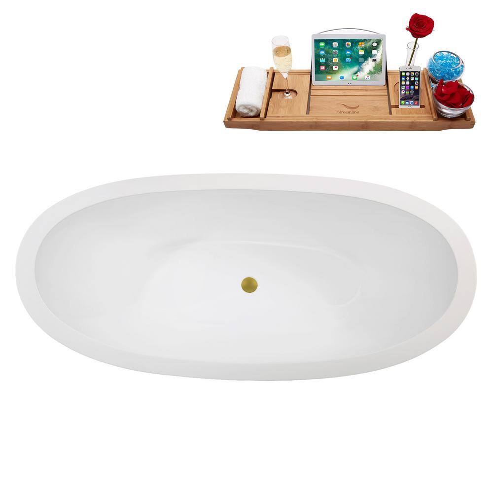 67" Matte White Acrylic Freestanding Soaking Tub with Brushed Gold Trim