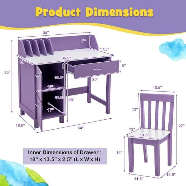 Costway 2-Piece Kids Wood Top Purple Study Desk and Chair Writing Table  with Drawer Storage Cabinet HW66181PL - The Home Depot