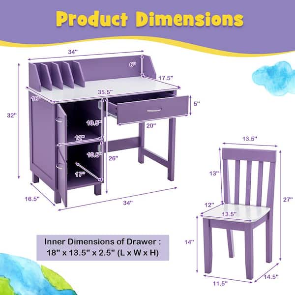 Costway 2-Piece Kids Wood Top Purple Study Desk and Chair Writing