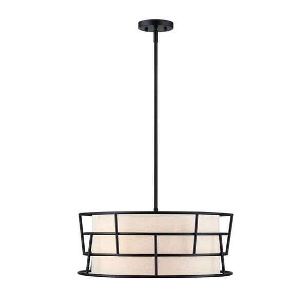 Designers Fountain Aria Falls 60-Watt 3-Light Matte Black Drum Pendant with Fabric Shade and Metal Outer Cage