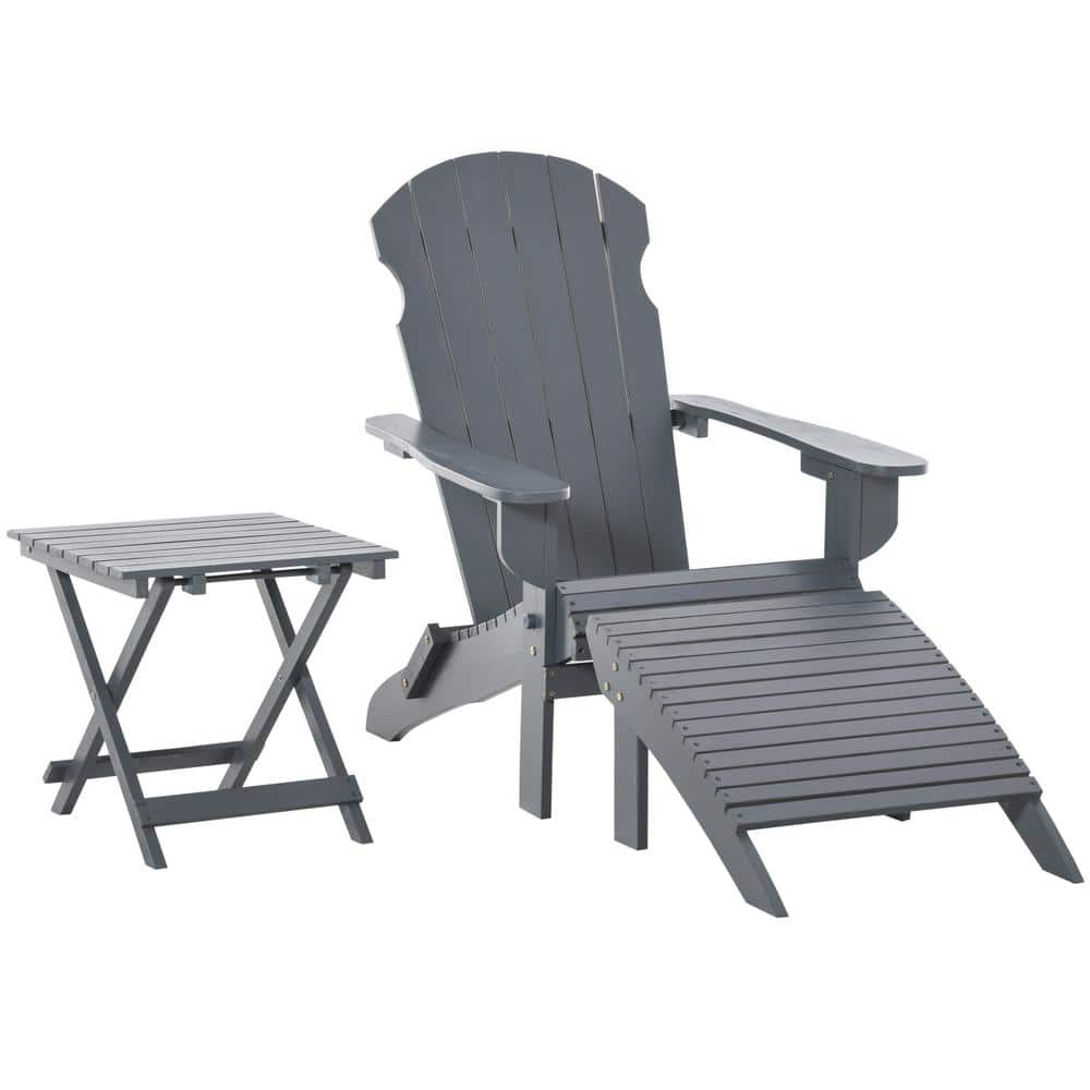 3-Piece Gray Outdoor Wooden Folding Adirondack Chair with Ottoman and Side 