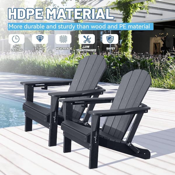 Black Outdoor Folding Plastic Adirondack Chair with Cup Holder for