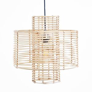 Double Cylinder 60-Watt Brown Rattan Integrated LED Pendant
