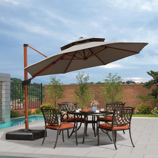PURPLE LEAF 11 ft. Sunbrella Aluminum Octagon 360-Degree Rotation Wood Pattern Cantilever Outdoor Patio Umbrella With Stand, Gray