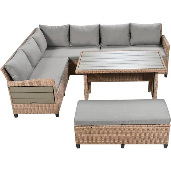 Unbranded Brown 5-Piece Wicker Outdoor Sectional Set with Dining Table and Gray Cushions for Backyard, Poolside