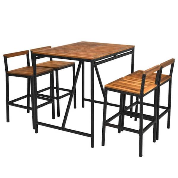 5-Piece Wicker Outdoor Dining Set Acacia Wood and PE Rattan Bar Set with Umbrella Hole