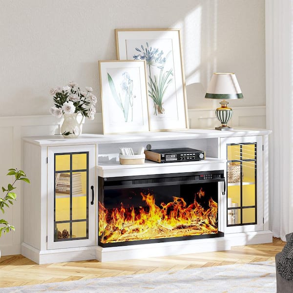 70 in. Freestanding Wooden Smart Electric Fireplace TV Stand with 3-Sided Glass in White