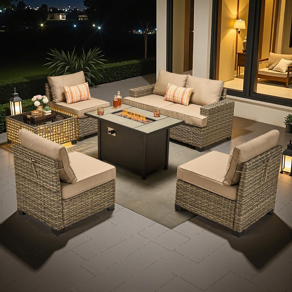 Silvae Gray Wicker 7-Piece Outdoor Sectional Set Patio Conversation Set with Fire Pit, Beige Cushions and Light Table