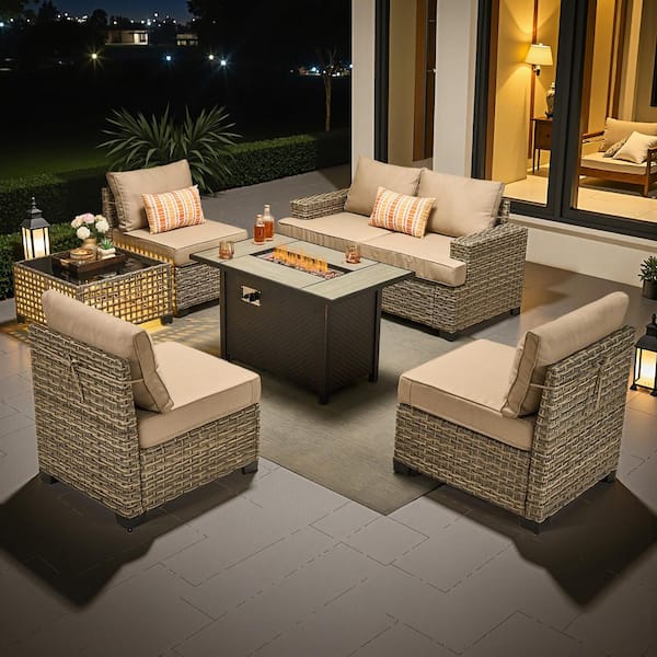 Silvae Gray Wicker 7-Piece Outdoor Sectional Set Patio Conversation Set with Fire Pit, Beige Cushions and Light Table