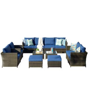 Rimaru 12-Piece Wicker Outdoor Patio Conversation Seating Set with Navy Blue Cushions