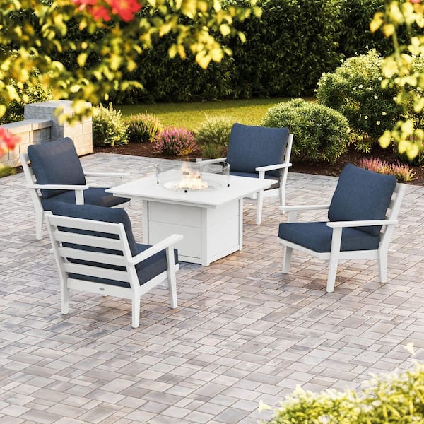 POLYWOOD Grant Park Black 5-Piece Deep Seating Fire Pit Patio Set with Stone Blue Cushions