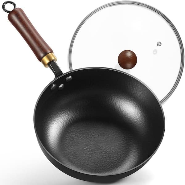 9.5 in. Deep Carbon Steel Wok with Glass Lid Flat Bottom Stir Fry Pan Bi-Thickness Nonstick for Induction Gas Electric