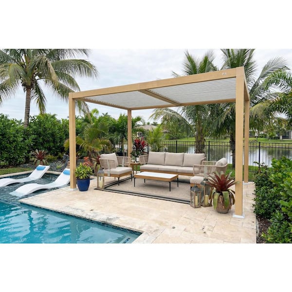 10.2 ft. x 12.3 ft. Wood Grain Aluminum Outdoor Louvered Pergola with 2-Individual Adjustable Roofs and In-Built Gutter