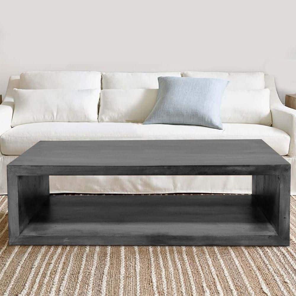 Charcoal Gray Rectangular Mango Wood Coffee Table with Open Shelf