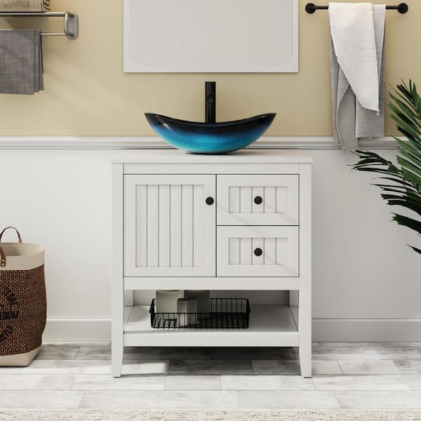 30 in. W x 20 in. D x 32 in. H Single Sink Freestanding White Bath Vanity with Turquoise Oval Glass Vessel Sink Top