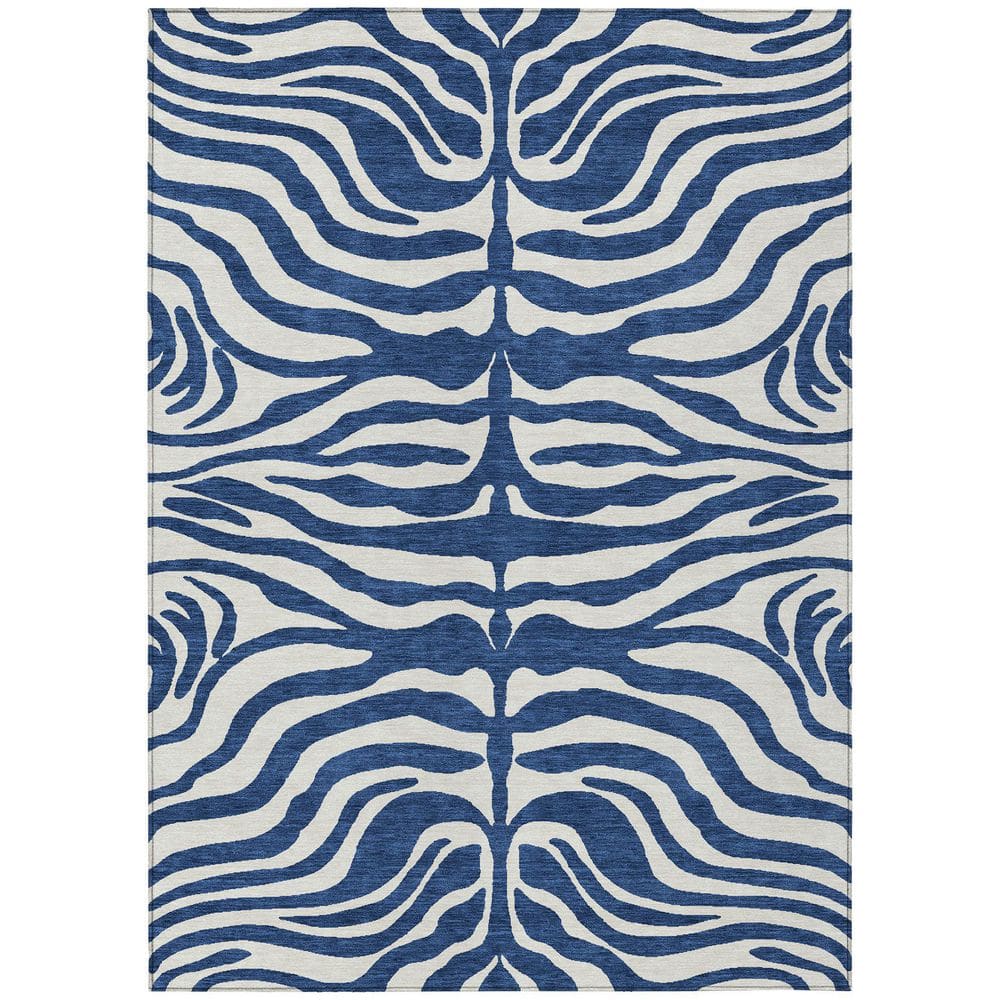 Navy and White Zebra Pattern Washable Synthetic Area Rug
