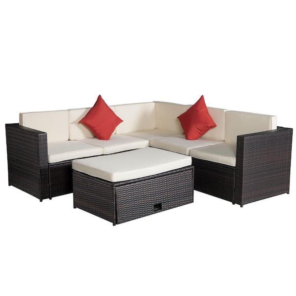 maocao hoom Brown 4-Pieces Wicker Outdoor Patio Conversation Sets Sectional Set with Beige Cushions