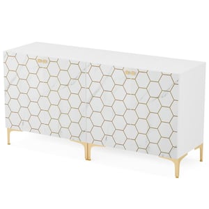 Ahlivia White & Gold Wood 63 in. W Buffet Cabinet Sideboards, 31.5 in. W Accent Cabinet Set of 2 with Storage Shelves