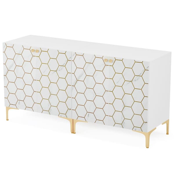BYBLIGHT Ahlivia White & Gold Wood 63 in. W Buffet Cabinet Sideboards, 31.5 in. W Accent Cabinet Set of 2 with Storage Shelves