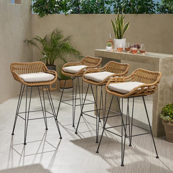 Dale 38 in. Light Brown Outdoor Patio Bar Stool with Beige Cushions (Set of 4)