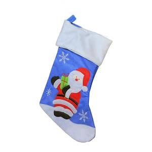 19 in. Blue Red and White Embroidered Polyester Santa Claus Christmas Stocking with White Cuff