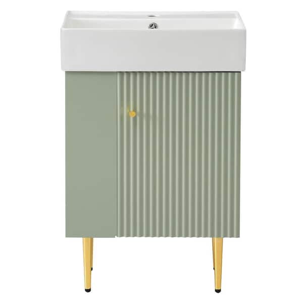 21.6 in. Single Sink Freestanding Green Small Bath Vanity with White Ceramic Top and Soft Close Door