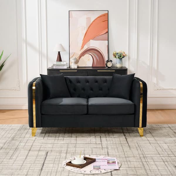 Chesterfield 61.5 in. Velvet 2-Seater Button-Tufted Loveseat with Rolled Arms and Gold Legs in Black