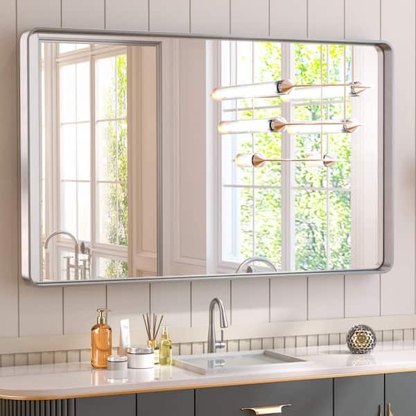 TETOTE 40 in. W x 24 in. H Rectangular Aluminum Framed Wall Mount Bathroom Vanity Mirror in Silver
