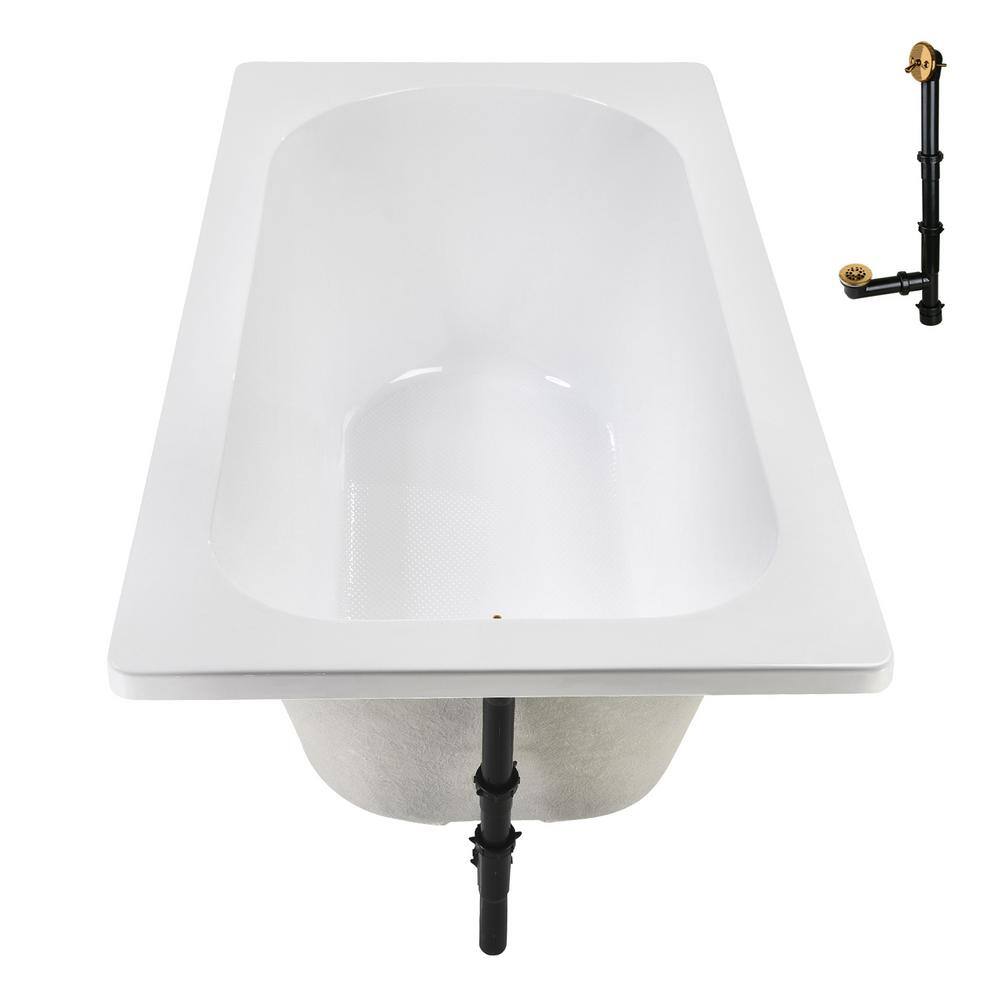 72" Glossy White Acrylic Drop-In Soaking Bathtub with Brushed Gold Trim