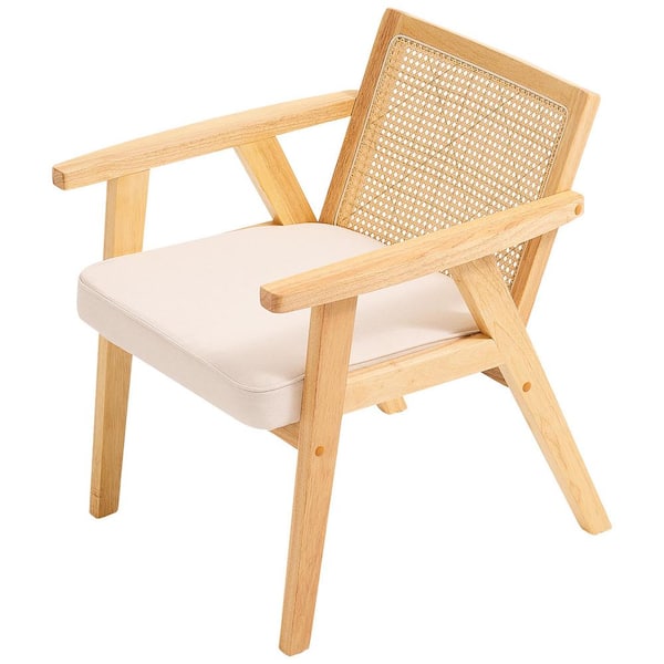 SVOPES Mid Century Modern Rattan Chair, Upholstered Velvet Accent Chair with Rattan Back, Beige Plastic Outdoor Rocking Chair
