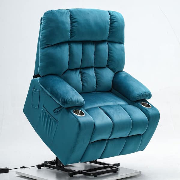 Blue Green Velvet Oversized Electric Power Lift Recliner Chair with Massage and Heating, Living Room Relax Sofa