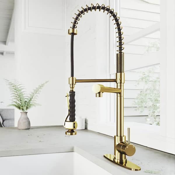 VIGO Zurich Single Handle Pull-Down Sprayer Kitchen Faucet Set with Deck Plate in Matte Brushed Gold