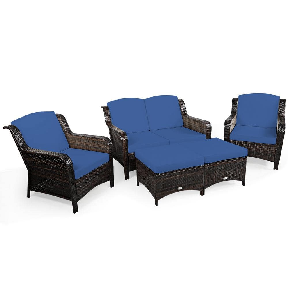 5-Pieces Wicker Outdoor Sectional Set Patio Conversation Set Loveseat Sofa Ottoman with Navy Cushions -  HONEY JOY, TOPB004628