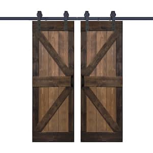 K Series 56 in. x 84 in. Walnut/Coffee Finished DIY Solid Wood Double Sliding Barn Door with Hardware Kit