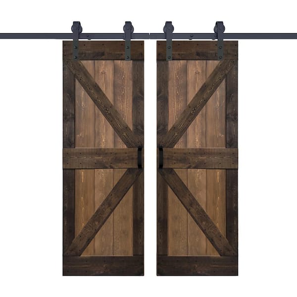 ISLIFE K Series 56 in. x 84 in. Walnut/Coffee Finished DIY Solid Wood Double Sliding Barn Door with Hardware Kit