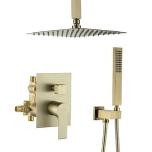 1-Spray Patterns with 2.66 GPM 10 in. Ceiling Mount Dual Shower Heads with Rough-In Valve Body and Trim in Brushed Gold