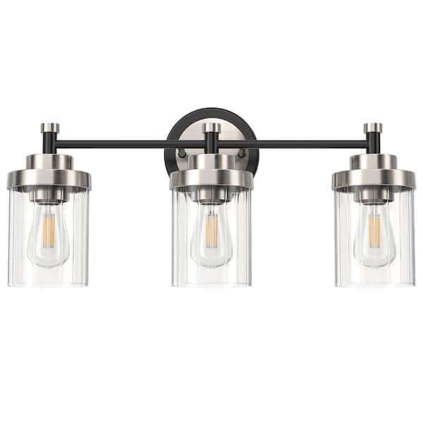 Merra 18 in. 3-Light Black and Nickel Modern Dimmable Vanity Light with Clear Ribbed Glass Shades E26 Sockets
