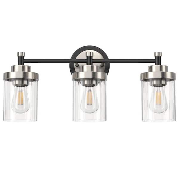 18 in. 3-Light Black and Nickel Modern Dimmable Vanity Light with Clear Ribbed Glass Shades E26 Sockets