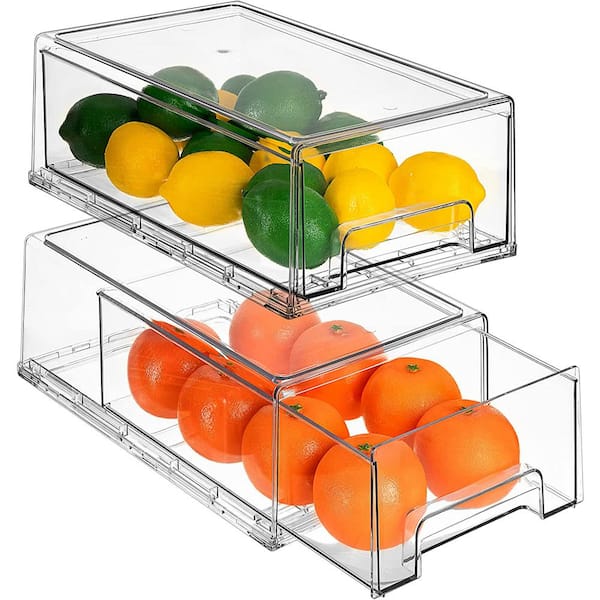 2 Pack Stackable Refrigerator Drawers Pull Out Bins Clear Fridge Drawer  Organizer Food Storage Containers Plastic Veggie Fruit Produce Saver for