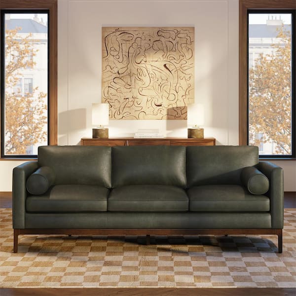 Toscano 89 in. Square Arm Leather Rectangle Sofa in Olivine Green