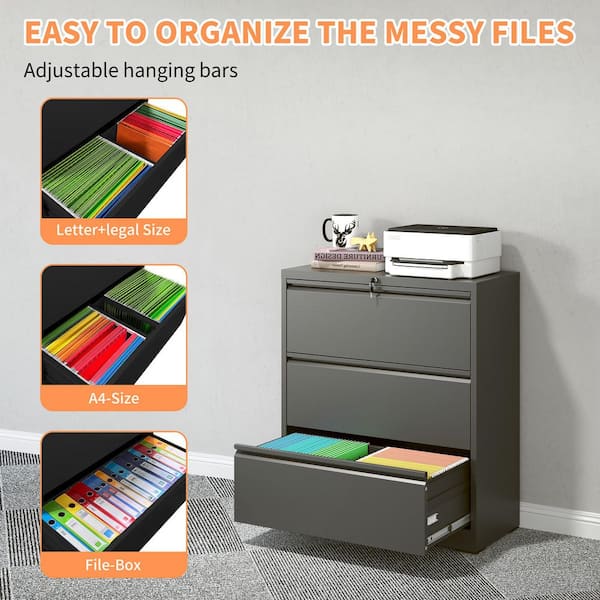 3-Drawer Black Metal 35.4 in. W Lateral File Cabinet for Home Office