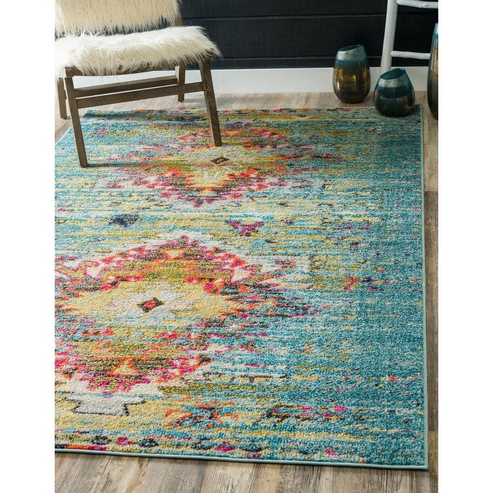 Turquoise and Yellow Abstract Synthetic Stain-Resistant Rug