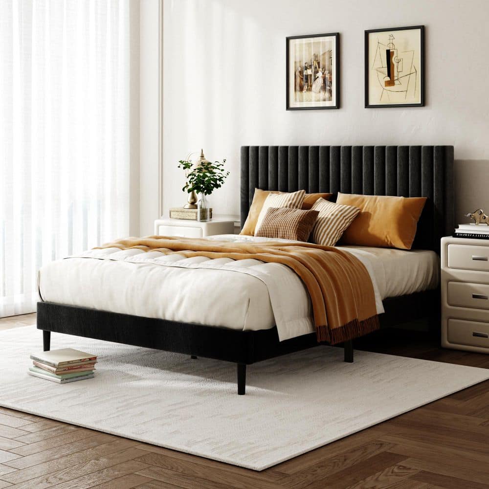 Black Wood and Metal Frame Queen Size Upholstered Platform Bed with Height Adjustable Headboard price history on PriceWatchPro