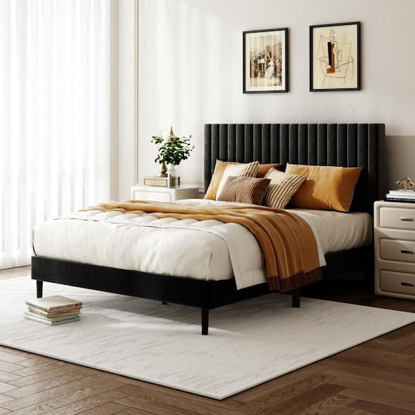 Black Wood and Metal Frame Queen Size Upholstered Platform Bed with Height Adjustable Headboard