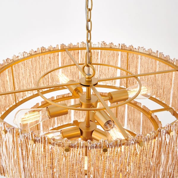 KAWOTI 8-Light Gold 3-Tiered Chandelier Light Fixture with Amber