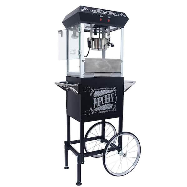 640-Watt 6 oz. Black Stainless Steel Popcorn Machine with Cart Heated Warming Deck and Drawer